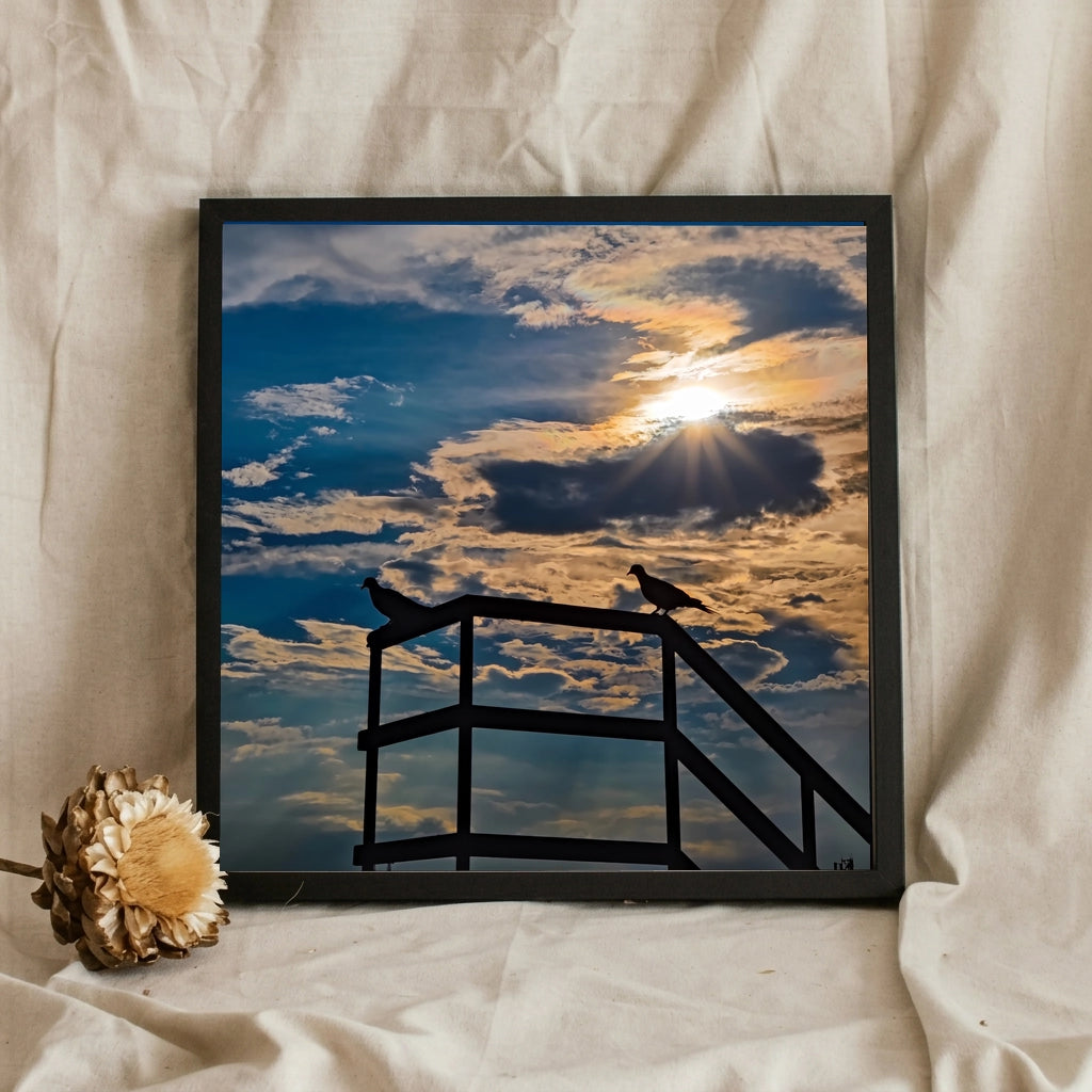 Two Birds on a Railing Sunburst Sky