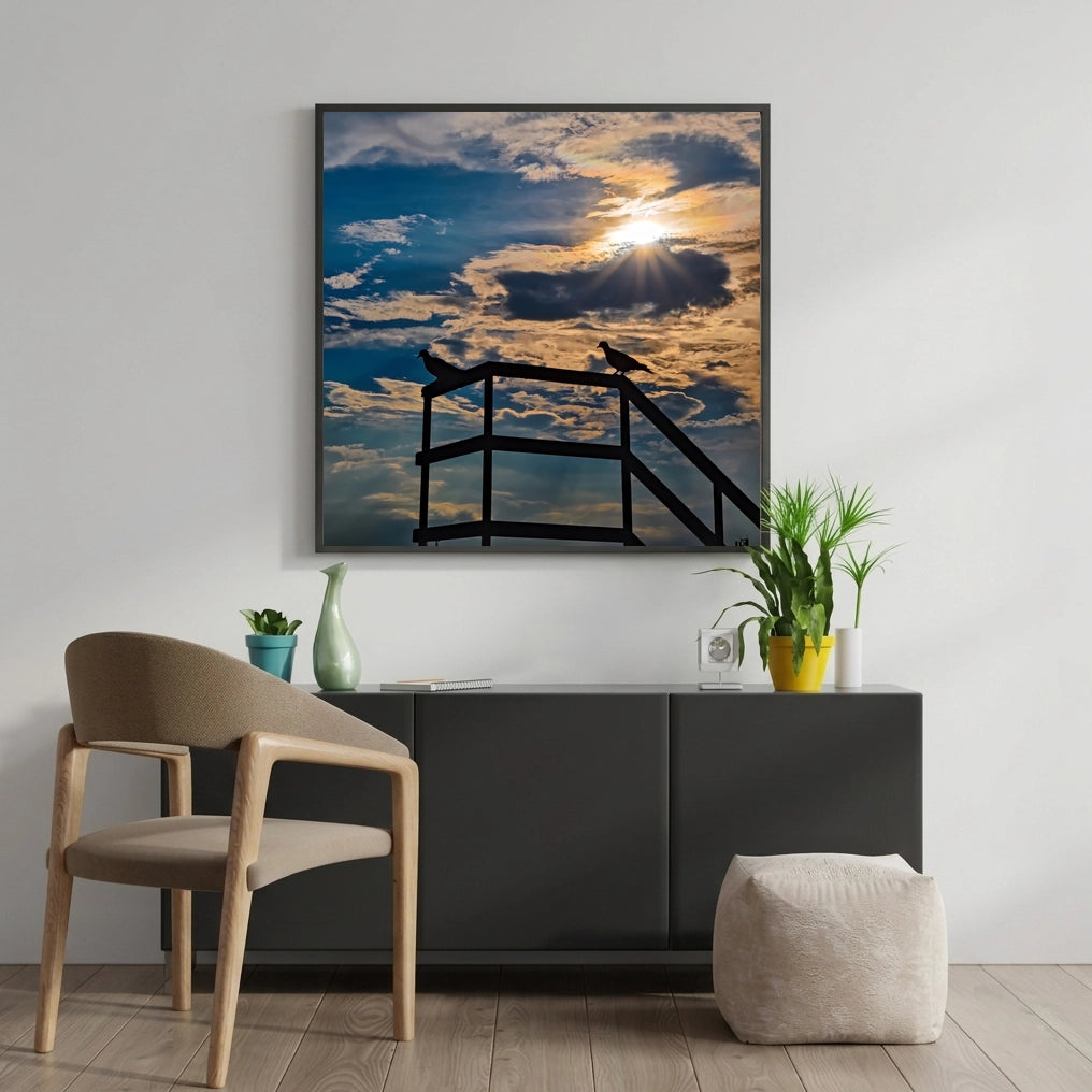 Two Birds on a Railing Sunburst Sky