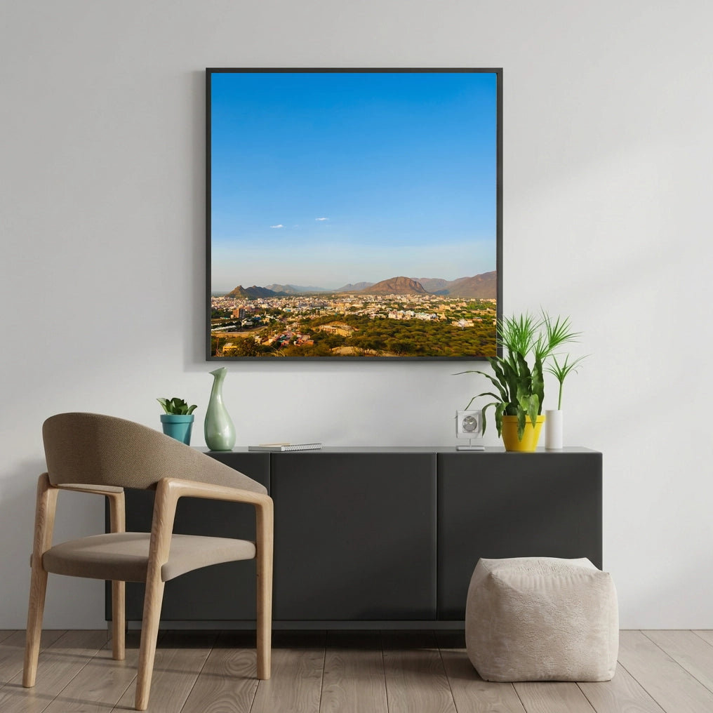 Wide Blue Sky Over a Hillside Town