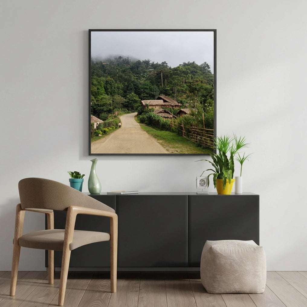 Misty Hill Village with Thatched Huts