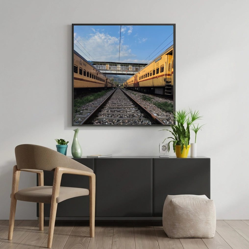 Railway Track Between Yellow Trains