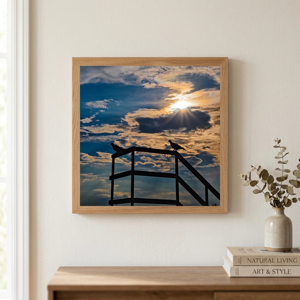 Two Birds on a Railing Sunburst Sky